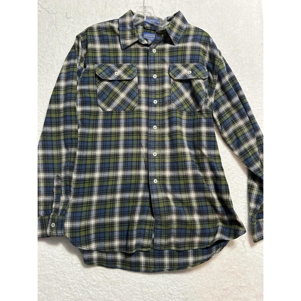 Pendleton Men's Burside Cotton Large Green/Blue Plaid Long Sleeve Shirt (B1)